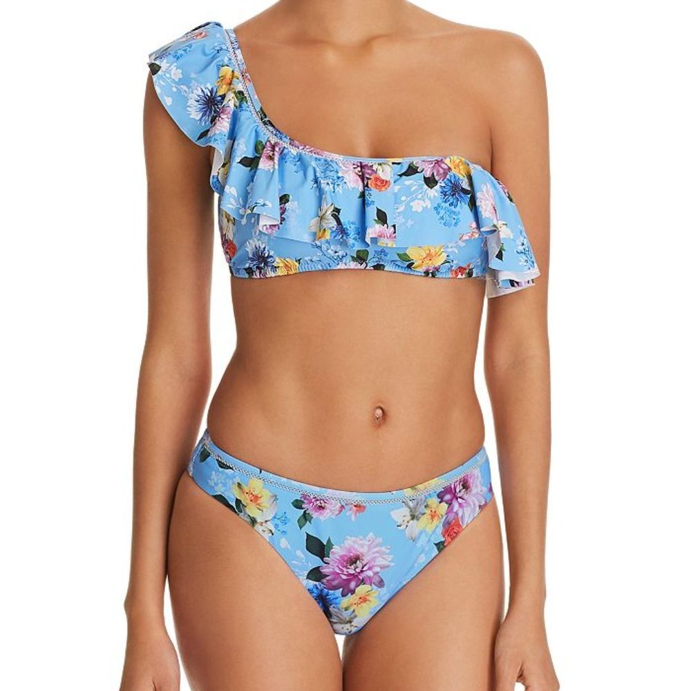 NWT Nanette Lepore Monaco Printed One Shoulder Ruffled Bikini Top & Bottom